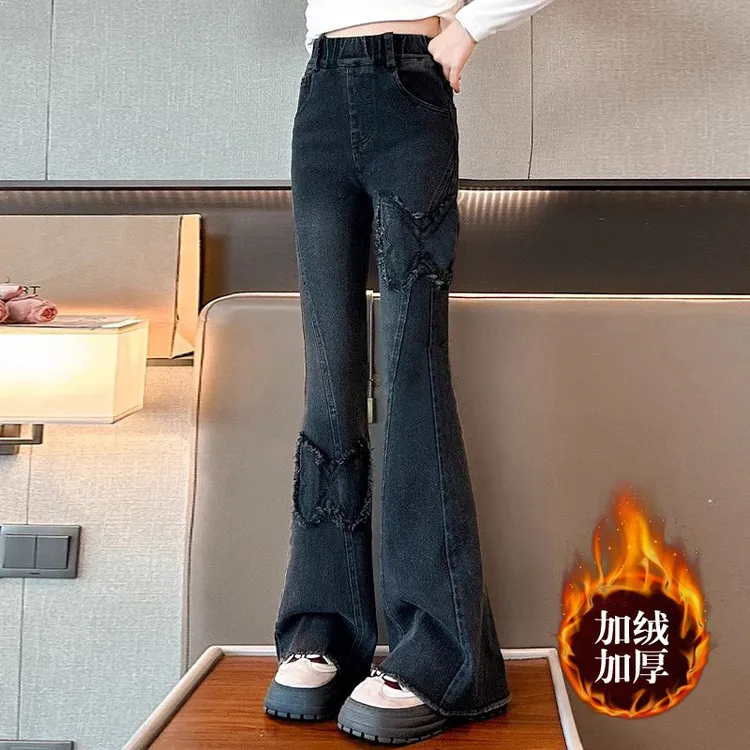 女童秋冬款喇叭裤儿童2024秋季新款牛仔裤加绒洋气女大童修身裤子