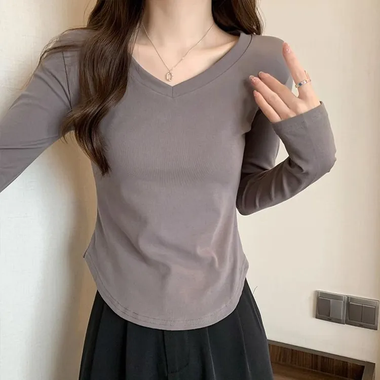 正肩长袖上衣秋季v领内搭辣妹薄款秋冬ins显瘦打底衫女百搭外穿潮