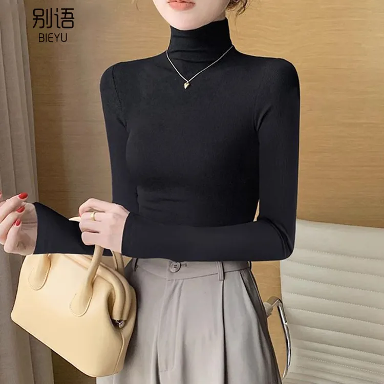 黑色长袖针织高领打底衫女春秋季新款螺纹修身内搭上衣半高领气质
