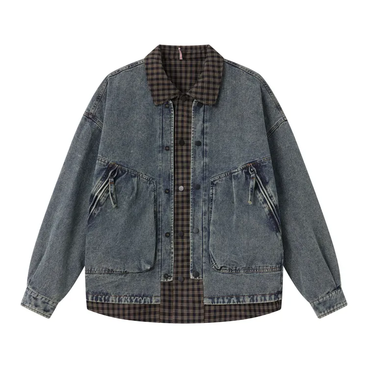 2024牛仔假两件拼接棉衣外套男女同款高级感痞帅工装牛仔外套百搭