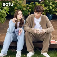 sofu【A类】坑条不对称半边绒睡衣女加绒加厚情侣家居服套装可外穿