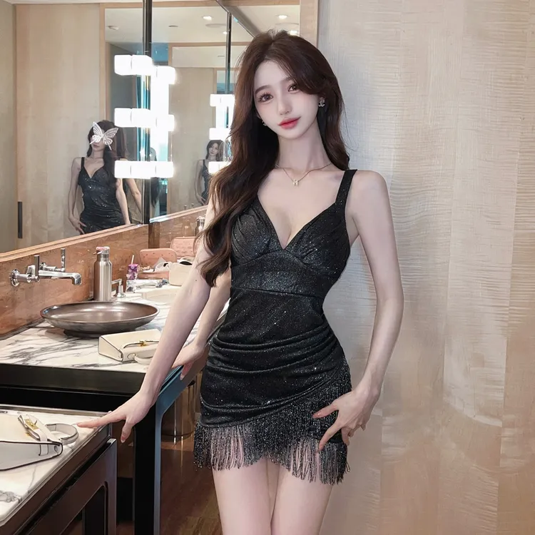 性感低胸吊带流苏拼接打底包臀裙女夏季修身显瘦别致连衣裙短裙子