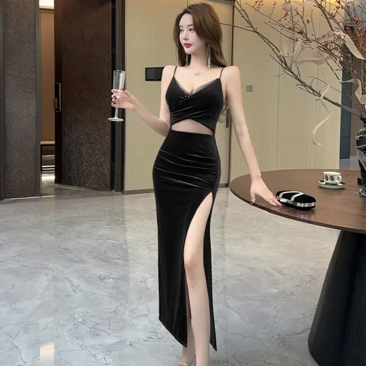 夜店低胸V领吊带连衣裙高腰露背显瘦开叉露腿修身镂空丝绒中长裙