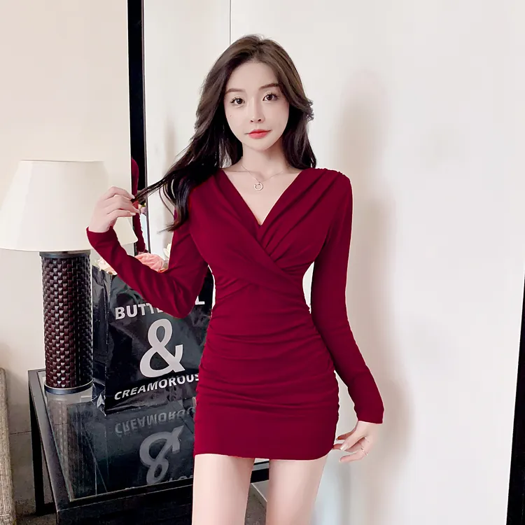 辣妹交叉V领性感连衣裙收腰显瘦春秋季褶皱夜店紧身长袖包臀短裙