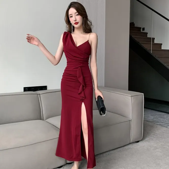 晚礼服裙女宴会气质高级感名媛性感吊带连衣裙修身褶皱开衩长裙子