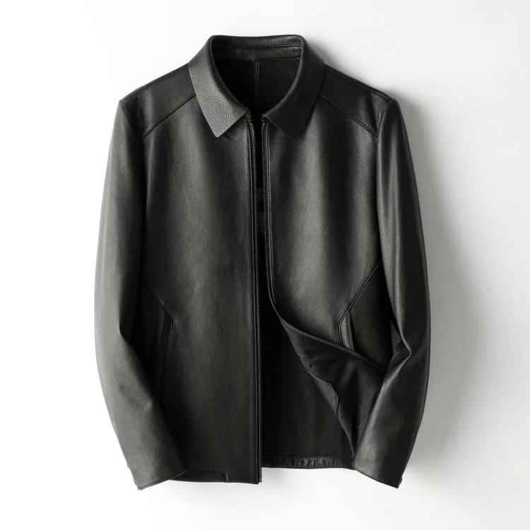 海宁潮流男士黑色山羊皮高端翻领休闲春秋百搭商务皮夹克皮衣2530