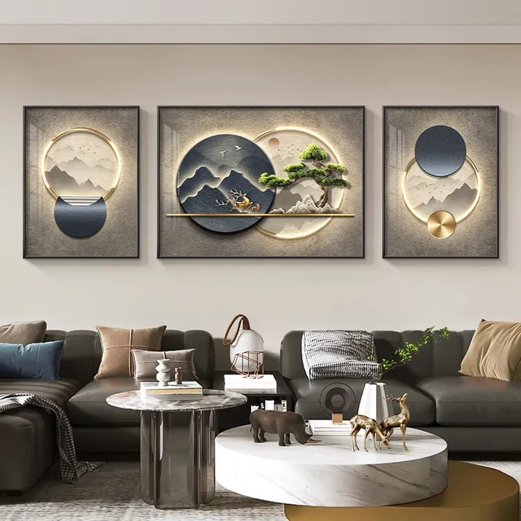 新中式客厅装饰画轻奢迎客松挂画沙发背景墙壁画组合三联画