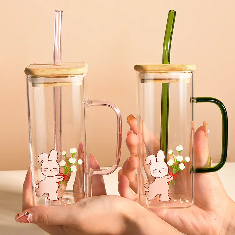 玻璃方形水杯吸管杯家用耐高温彩色把手高硼硅耐热透明杯子