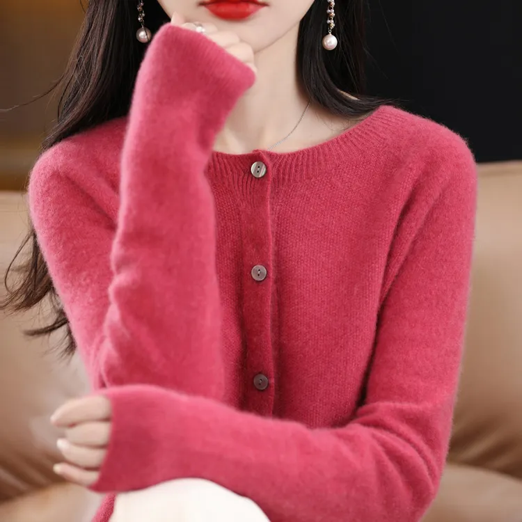 100纯羊毛衫一线成衣开衫春秋显瘦针织百搭宽松纯色圆领秋冬859