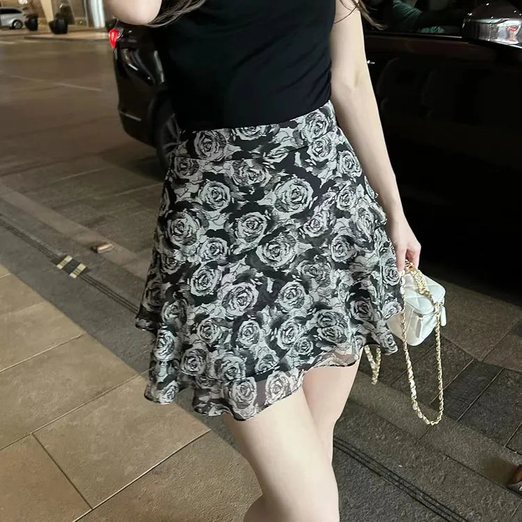 法式气质荷叶边碎花半身裙女士夏季新款洋气复古高腰显瘦a字短裙
