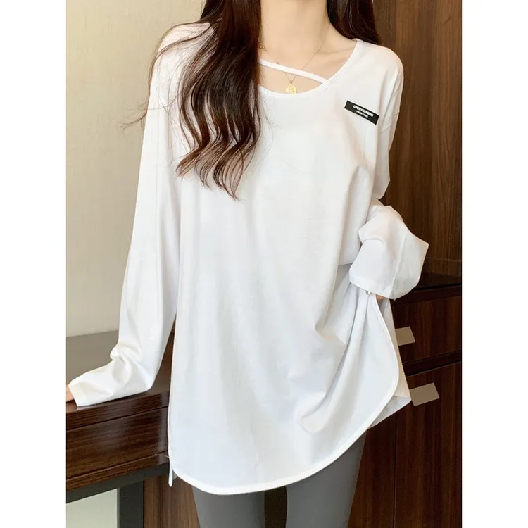 2023年春秋长袖t恤女洋气德绒德绒中长款内搭打底衫遮臀微胖上衣