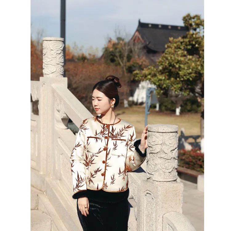 花滿林‘竹园’圆领双贴袋古法手工漳绒真丝桑蚕丝外套246770