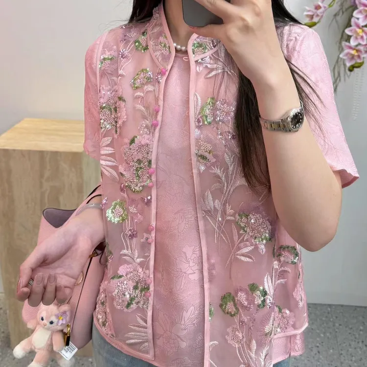 花滿林‘花随风起’小立领钉珠亮片粉色马夹8260