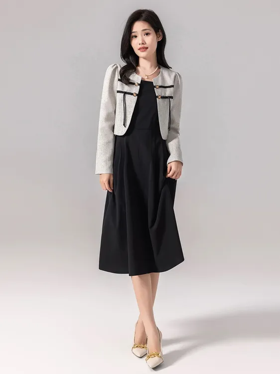 【3Q103】汉派春秋季小香风长袖法式显瘦气质减龄时尚连衣裙套装