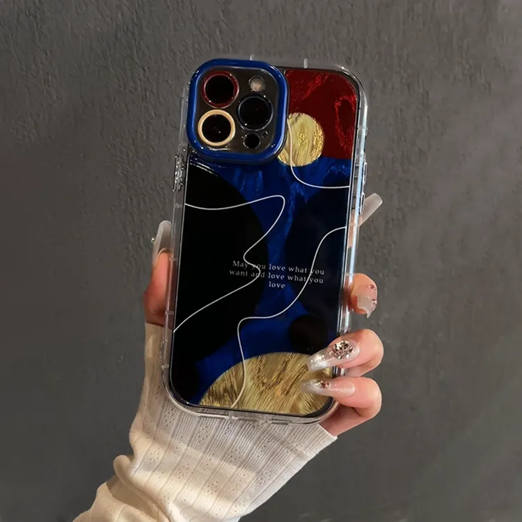 适用苹果15羽纱奶油iPhone16pro手机壳14华为p撞色几何图形mate60