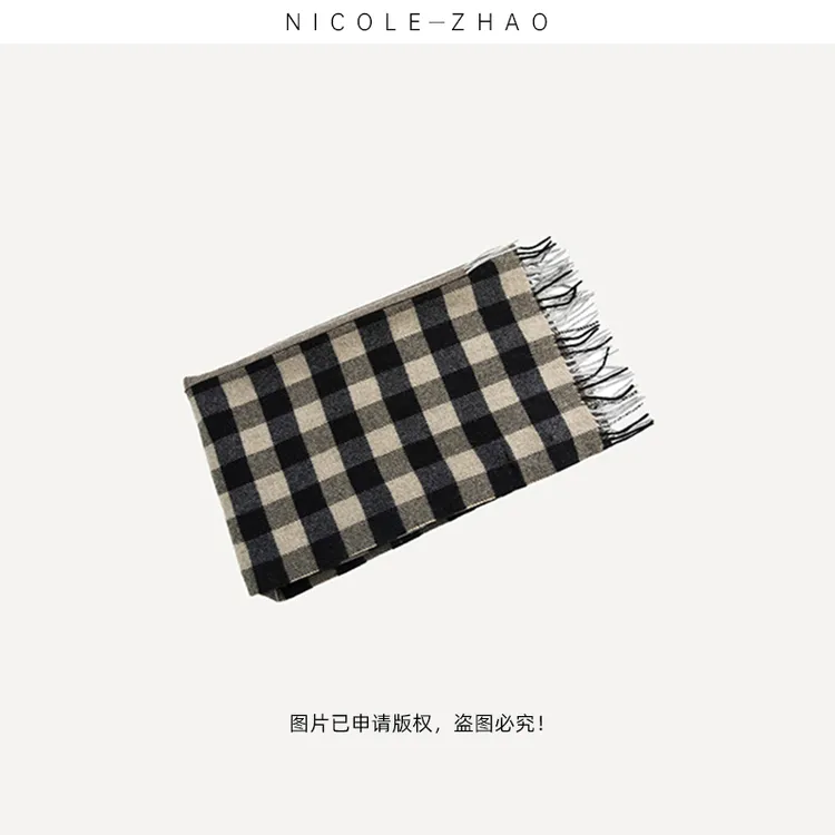 NZ0816【贵姐NICOLE】格子拼色围巾针织棋盘格时尚百搭长款羊绒