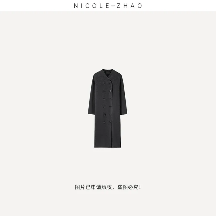 【贵姐NICOLE】意大利进口空气羊绒无领双排扣长款毛呢大衣 20241R