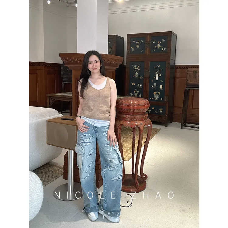 4NKN342【贵姐NICOLE】百搭时尚气质休闲直筒宽松牛仔休闲裤女