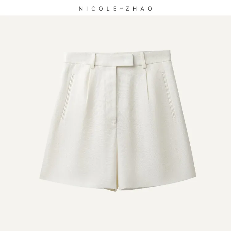 NZ4018【贵姐NICOLE】高端定制亚麻气质直筒高腰显瘦短裤时尚