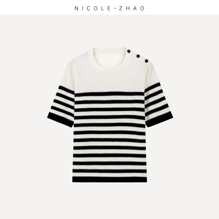 SM2129【NICOLE进口ZHAO】高端设计师款条纹T恤羊毛圆领短袖针织时