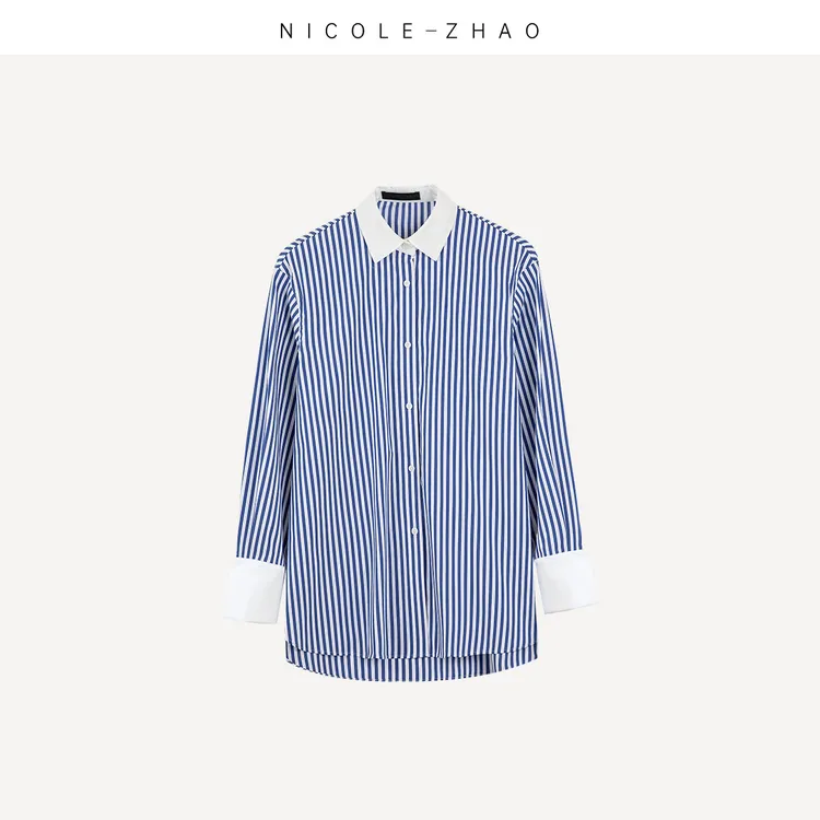 NZ2255【贵姐NICOLE】高端设计师款春季蓝白条纹长袖衬衫蓝