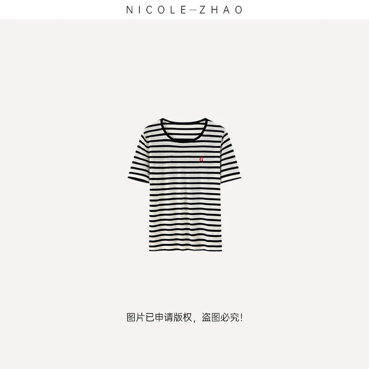 4NDT184【贵姐NICOLE】初剪羊毛春季条纹圆领T恤短袖