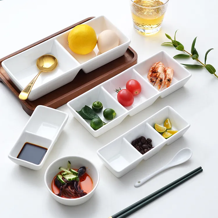 陶瓷三格碟配菜盘小菜碟味碟蘸料碟子分格醋碟料碟火锅烤肉店盘子