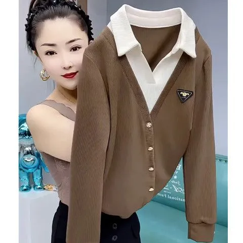 Polo领假两件小衫女士2024春装新款长袖显瘦减龄时尚休闲打底衫潮