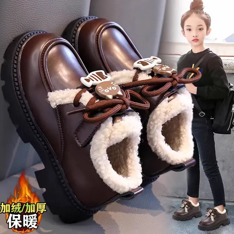 女童雪地棉鞋2025冬季新款女孩加绒加厚棉靴中大童保暖防水乐福鞋