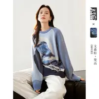 文森特·梵高联名对白设计感提花圆领毛衣女2025冬新款慵懒针织衫