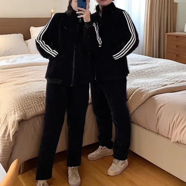 三条杠雪尼尔面料情侣睡衣套装加绒加厚保暖男士睡衣冬款加厚加绒