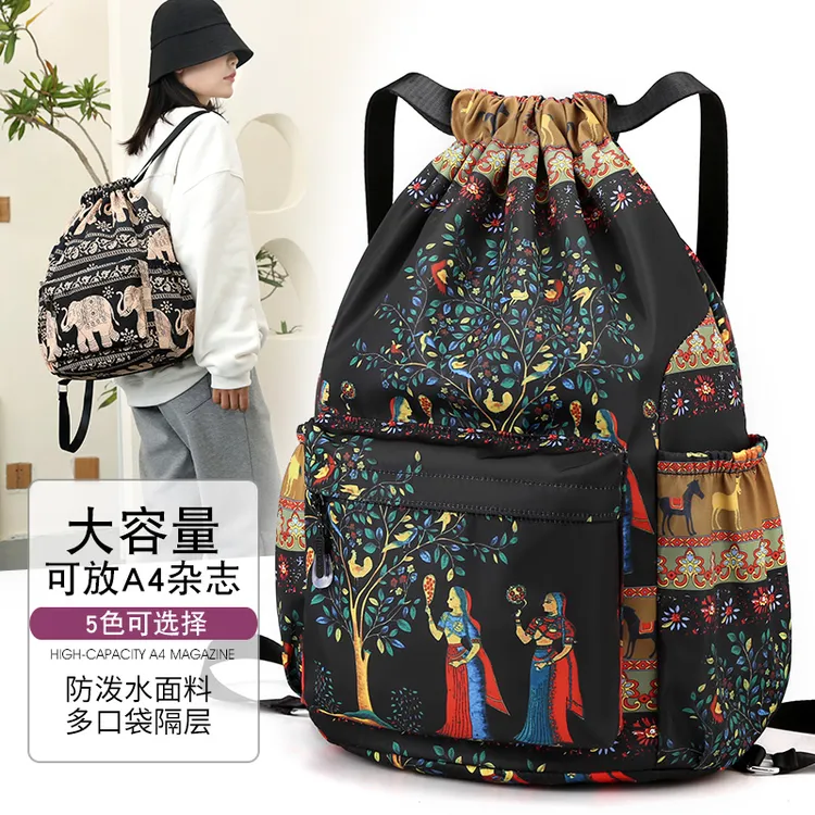 轻便休闲束口袋双肩包防水尼龙牛津布抽绳背包印花旅行包2207