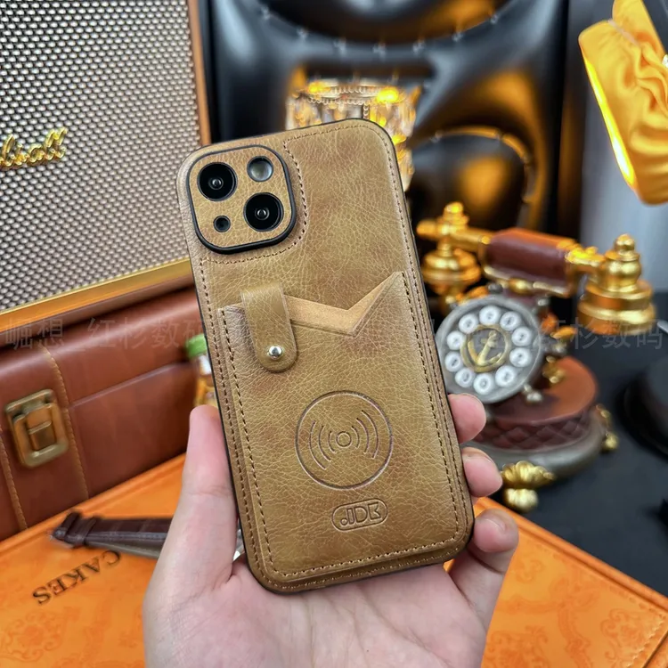 适用于苹果14纯色皮纹卡包支架手机壳高档商务男绒布全包防摔