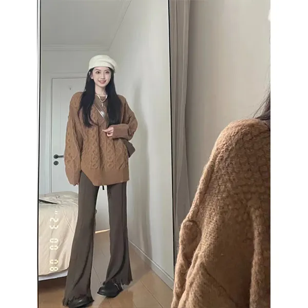 美式复古棕色圆领针织毛衣女软糯糯宽松秋冬季宽松奶fufu上衣外套