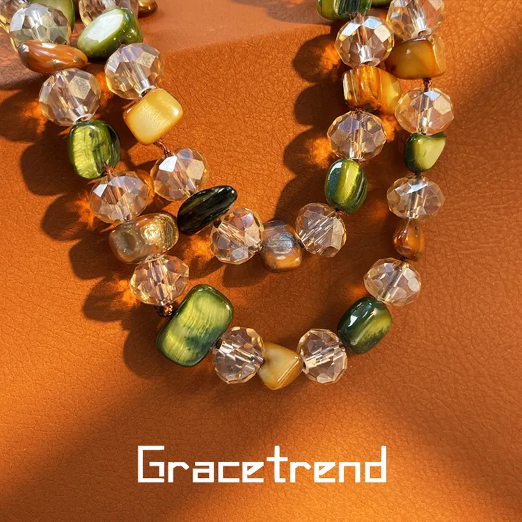 Grace trend轻奢手工编织贝壳项链手作气质彩色长款毛衣链 D-033