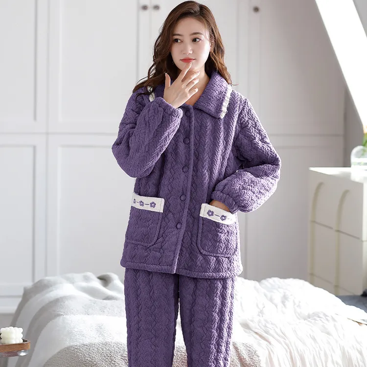 睡衣女秋冬季加厚加绒宽松睡衣女士保暖家居套装长款冬天睡衣套装