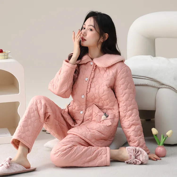 粉色保暖睡衣羽绒夹棉绒三层加厚女洋气可爱家居服大码外穿休闲装