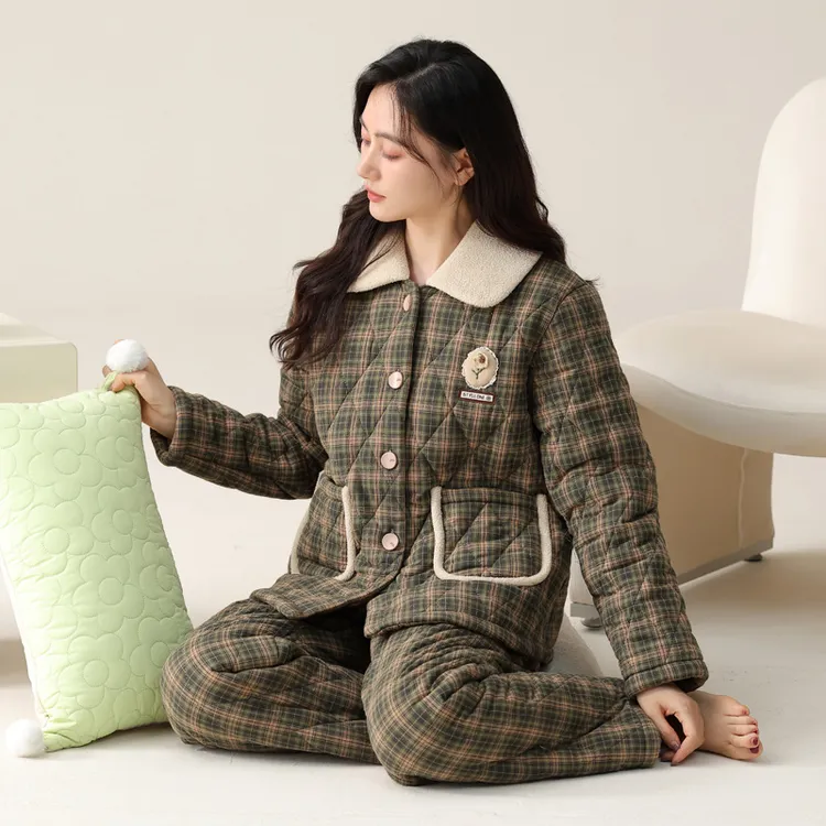 2024新款睡衣女士秋冬款纯棉夹棉三层保暖加绒加厚冬季棉袄家居服