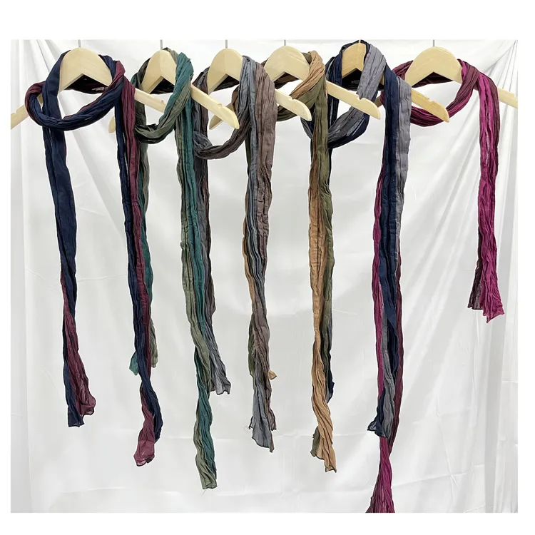 复古拼色做旧文字风细长全棉围巾 褶皱小尺寸加长护颈配搭小纱巾