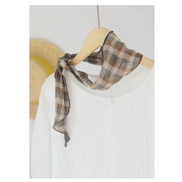 日韩细长纯麻格子飘带男女夏季短款护颈防晒休闲亚麻小领巾装饰