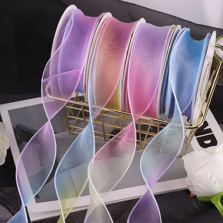 七彩鱼尾纱渐 变色蝴蝶结装饰带鲜花蛋糕包装波浪纱带手工diy材料