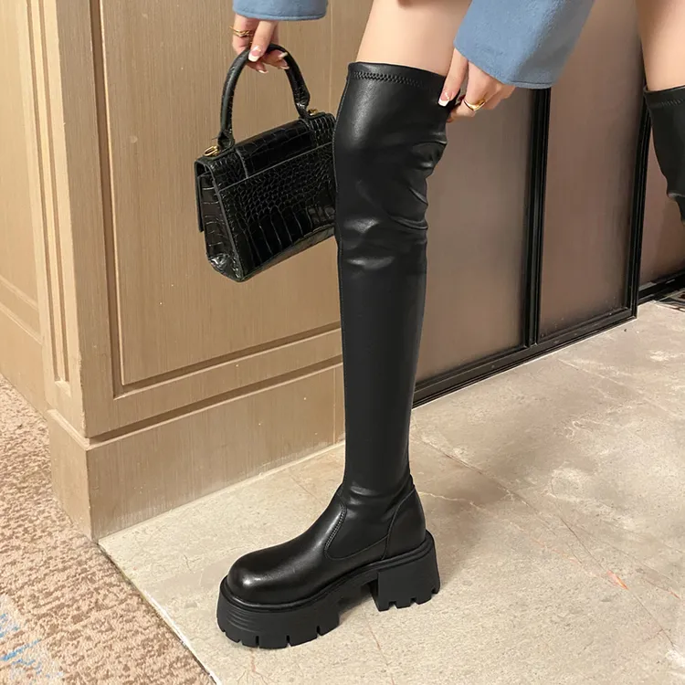 过膝长筒靴女小个子2025秋冬新款加绒粗跟厚底高筒靴真皮弹力长靴