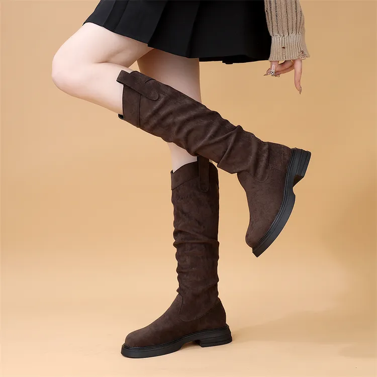 秋冬美拉德西部牛仔靴女款复古褶皱显瘦堆堆靴磨砂绒面平底长筒靴