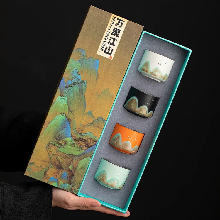 文创手绘万里江山复古茶杯大号品茗杯送礼品高档伴手礼茶具礼盒装