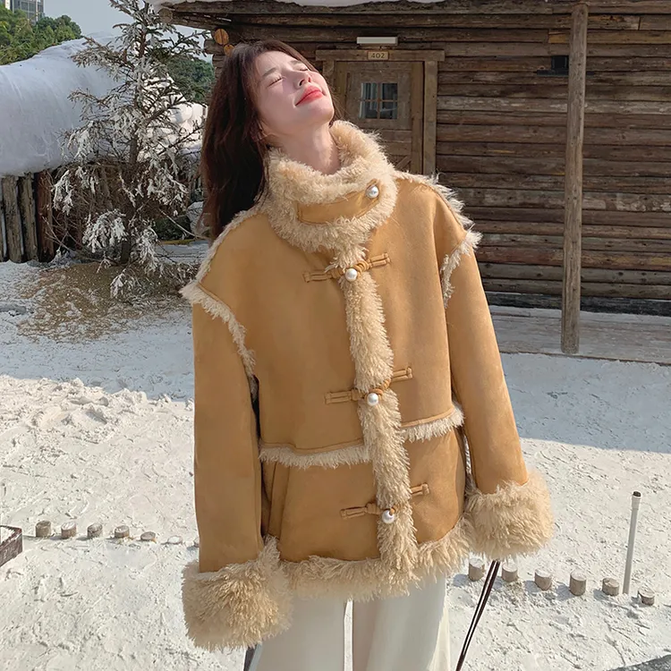 复古皮毛一体冬季新款宽松加厚保暖网红韩版休闲百搭上衣毛绒外套