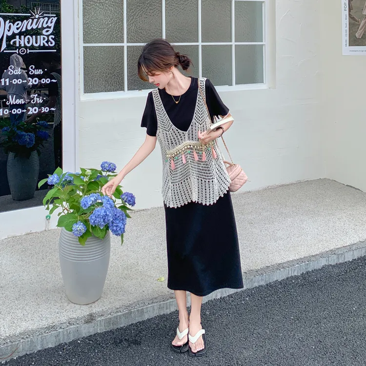 流苏镂空马甲套装连衣裙夏季新款叠穿百搭中长款设计感显瘦两件套