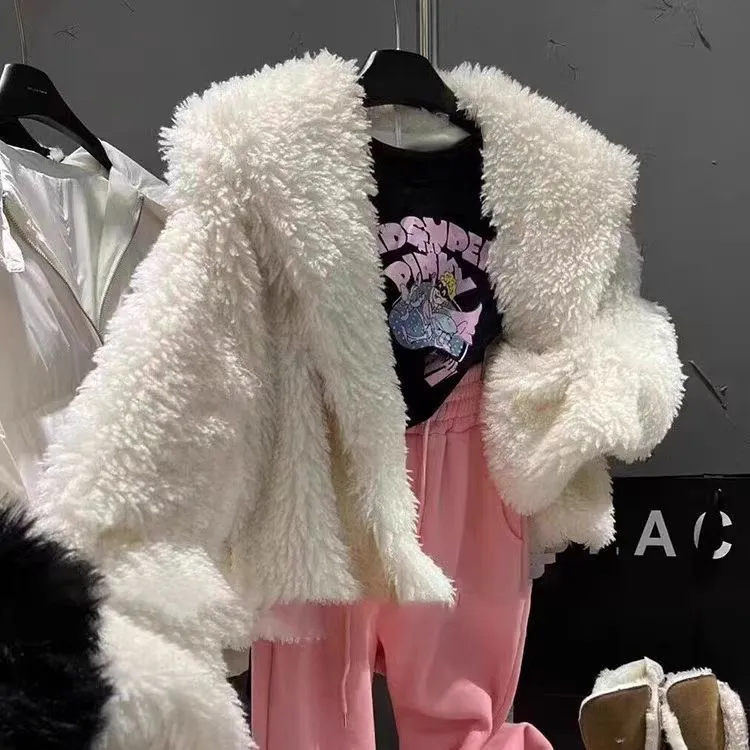 韩系名媛风大翻领气质宽松加厚保暖毛毛短款外套