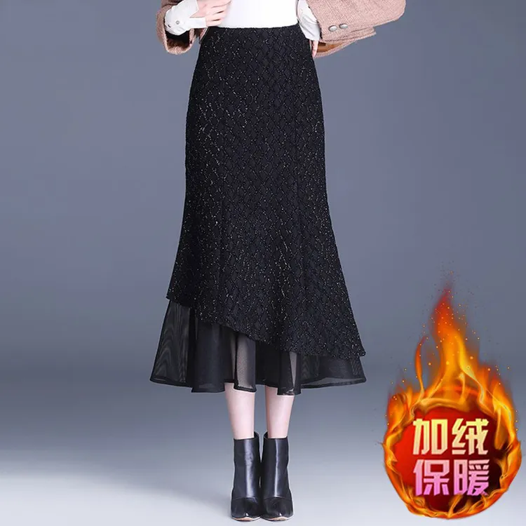 亮丝黑色鱼尾裙女半身裙秋冬加绒加厚保暖高腰中长款百搭显瘦包裙