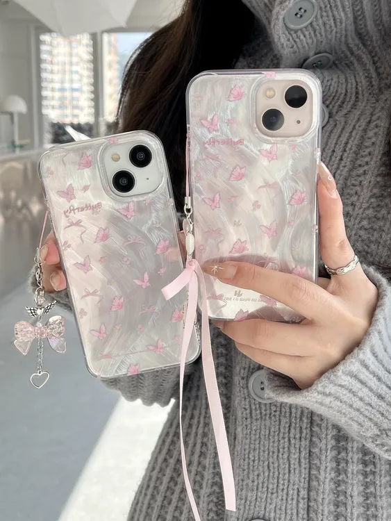 ins简约粉色碎花蝴蝶适用iphone14苹果15pro手机壳13油画全包防摔