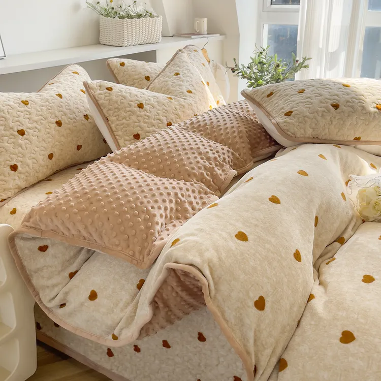 梵丽居 新款豆豆牛奶绒床盖四件套加厚印花被套双面绒床盖三件套